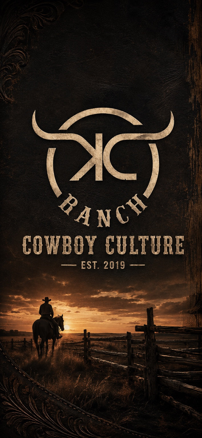 KC Ranch Cowboy Culture artwork with a cowboy riding toward the sunset